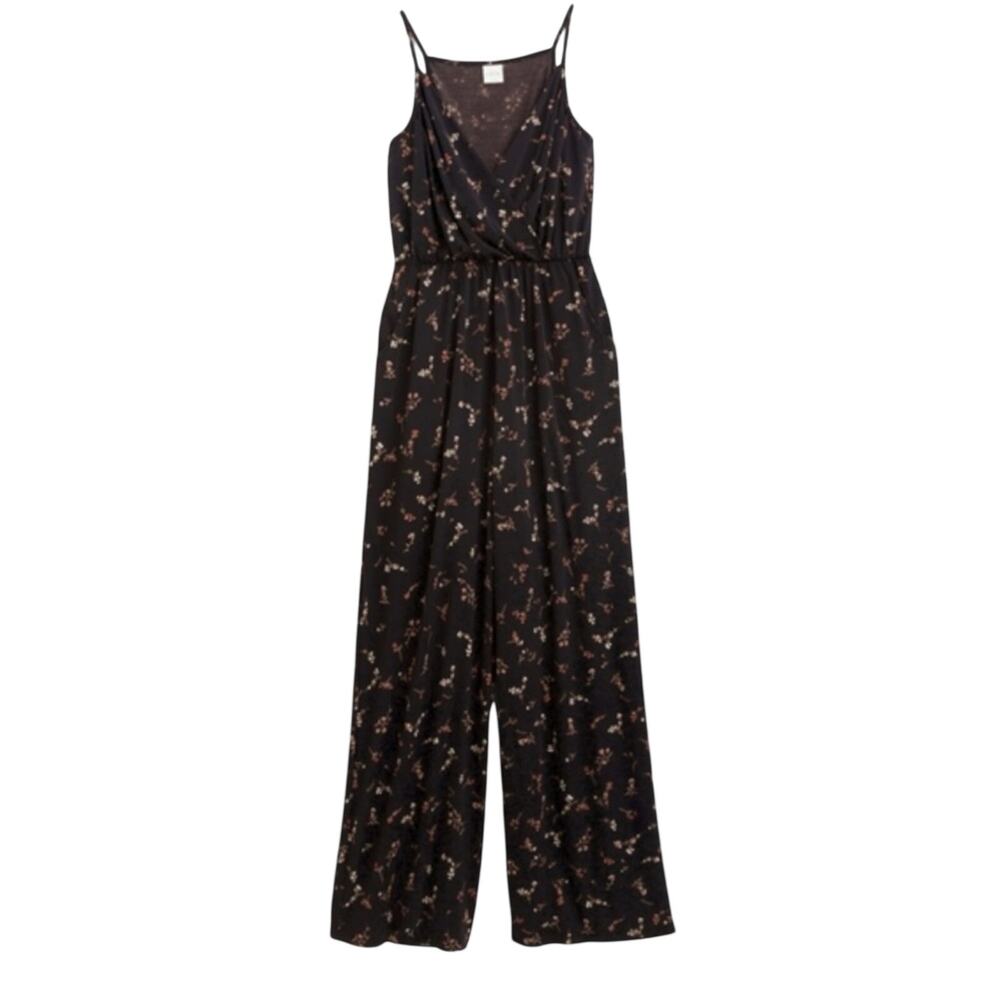 Kaileigh Dark Floral Jumpsuit M Black Surplice V Neck Pockets Spaghetti Straps